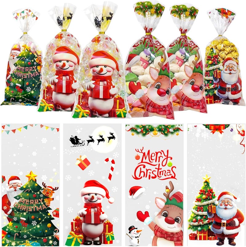 QOIUSO 120 Pcs Christmas Treat Bags with 135 Gold Twist Ties – 4 Styles Clear Cellophane Holiday Gift Bags for Candy, Cookies, Goodies & Party Favors - Image 1
